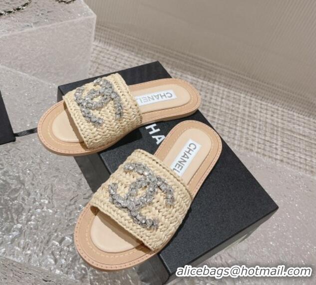 Good Product Chanel Raffia Straw Flat Slide Sandals with Crystal CC Beige 525057