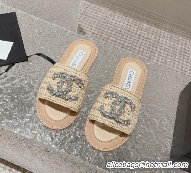 Good Product Chanel Raffia Straw Flat Slide Sandals with Crystal CC Beige 525057