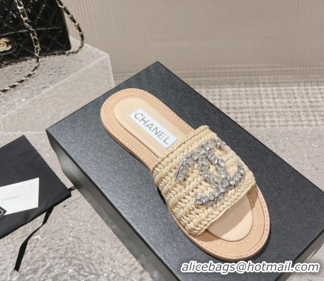 Good Product Chanel Raffia Straw Flat Slide Sandals with Crystal CC Beige 525057