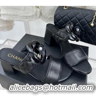 Best Price Chanel Lambskin Heel Slide Sandals 6cm with Pearl Camellia Black 525058