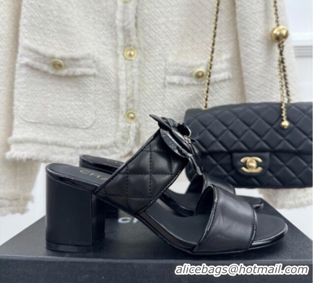 Best Price Chanel Lambskin Heel Slide Sandals 6cm with Pearl Camellia Black 525058