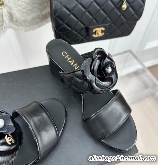 Best Price Chanel Lambskin Heel Slide Sandals 6cm with Pearl Camellia Black 525058