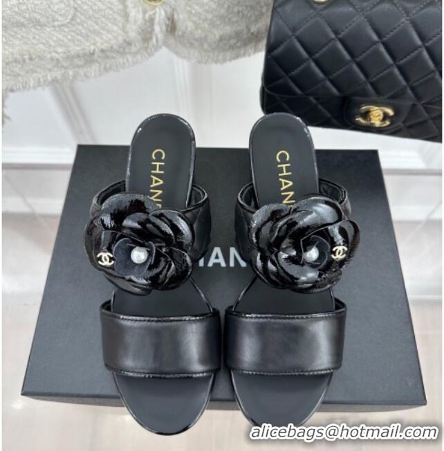 Best Price Chanel Lambskin Heel Slide Sandals 6cm with Pearl Camellia Black 525058