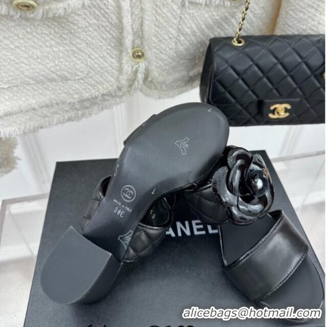 Best Price Chanel Lambskin Heel Slide Sandals 6cm with Pearl Camellia Black 525058