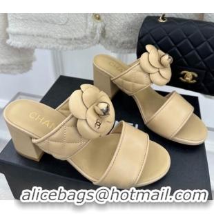 Most Popular Chanel Lambskin Heel Slide Sandals 6cm with Pearl Camellia Beige 525059