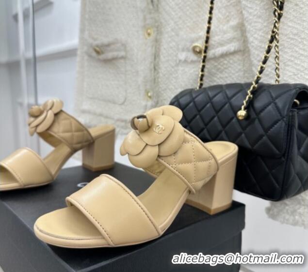 Most Popular Chanel Lambskin Heel Slide Sandals 6cm with Pearl Camellia Beige 525059