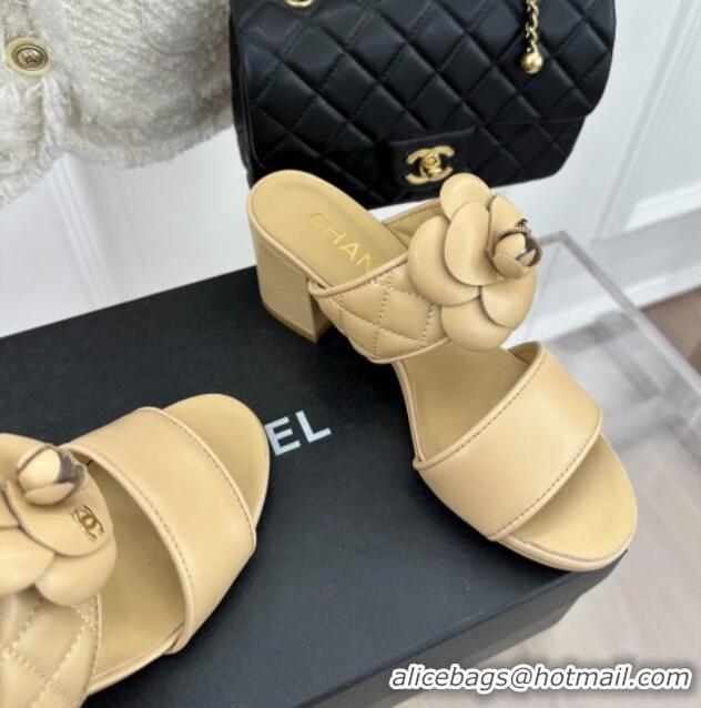 Most Popular Chanel Lambskin Heel Slide Sandals 6cm with Pearl Camellia Beige 525059