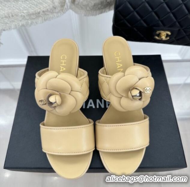 Most Popular Chanel Lambskin Heel Slide Sandals 6cm with Pearl Camellia Beige 525059