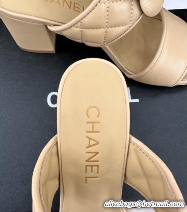 Most Popular Chanel Lambskin Heel Slide Sandals 6cm with Pearl Camellia Beige 525059