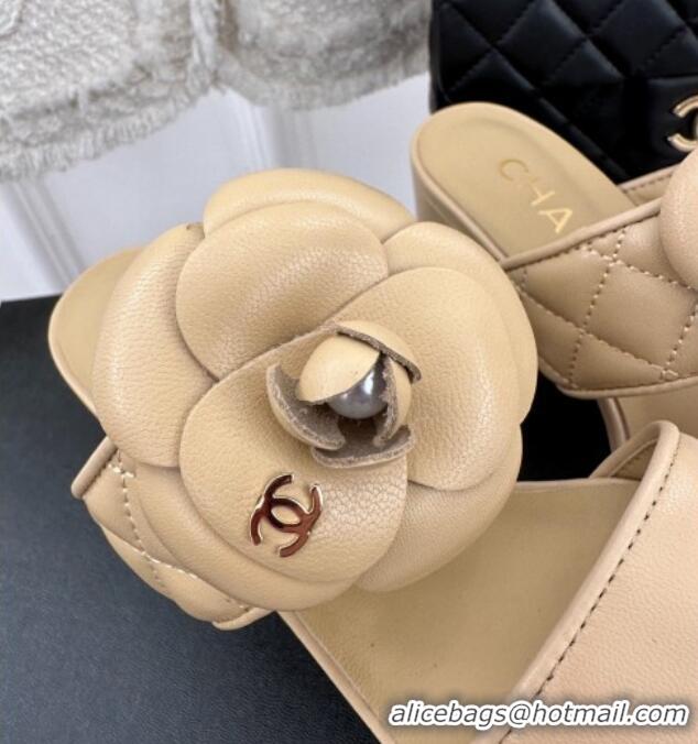 Most Popular Chanel Lambskin Heel Slide Sandals 6cm with Pearl Camellia Beige 525059