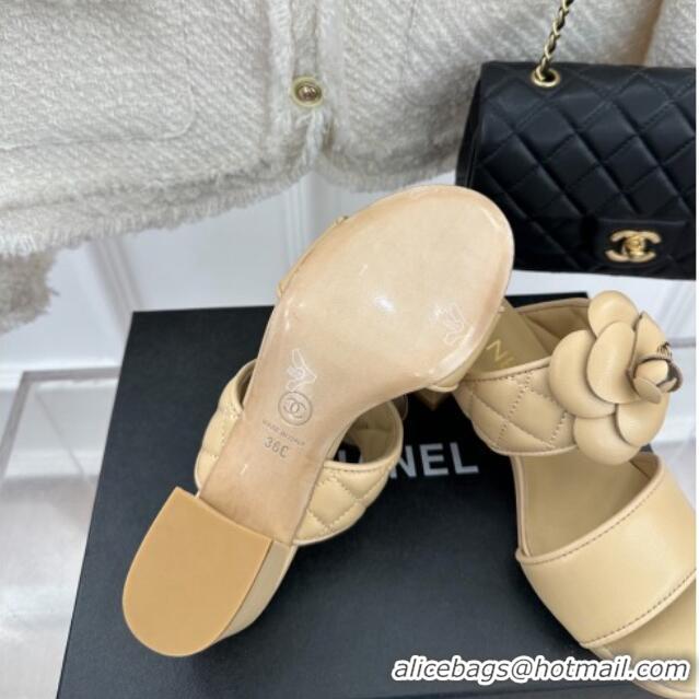 Most Popular Chanel Lambskin Heel Slide Sandals 6cm with Pearl Camellia Beige 525059