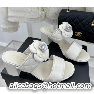 Good Looking Chanel Lambskin Heel Slide Sandals 6cm with Pearl Camellia White 525060