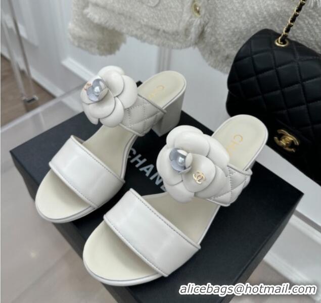 Good Looking Chanel Lambskin Heel Slide Sandals 6cm with Pearl Camellia White 525060