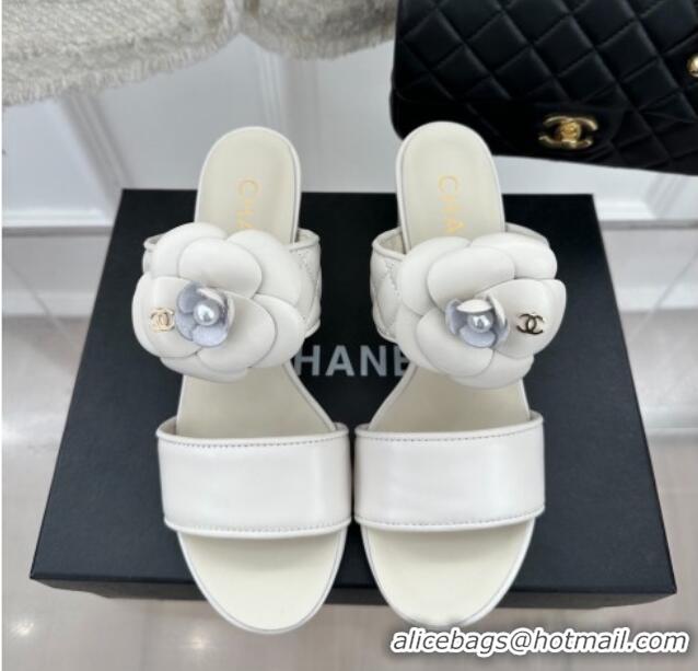 Good Looking Chanel Lambskin Heel Slide Sandals 6cm with Pearl Camellia White 525060