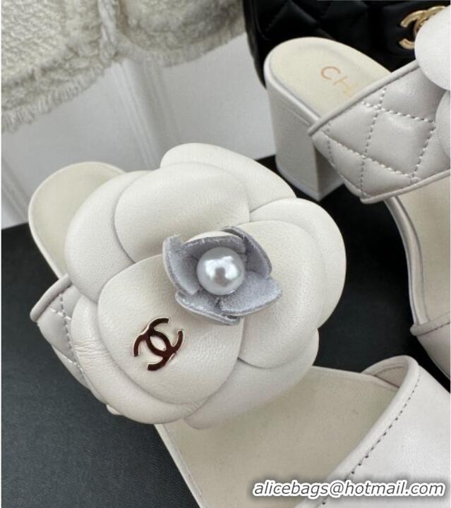 Good Looking Chanel Lambskin Heel Slide Sandals 6cm with Pearl Camellia White 525060