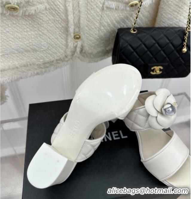 Good Looking Chanel Lambskin Heel Slide Sandals 6cm with Pearl Camellia White 525060