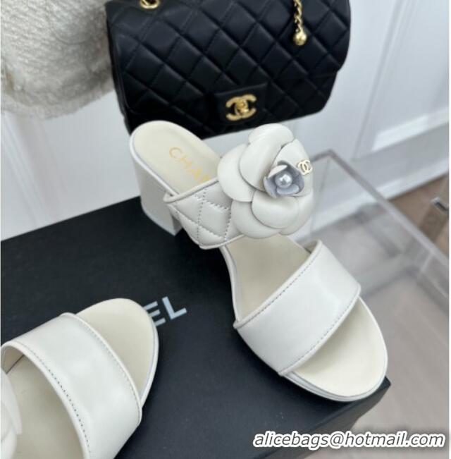 Good Looking Chanel Lambskin Heel Slide Sandals 6cm with Pearl Camellia White 525060