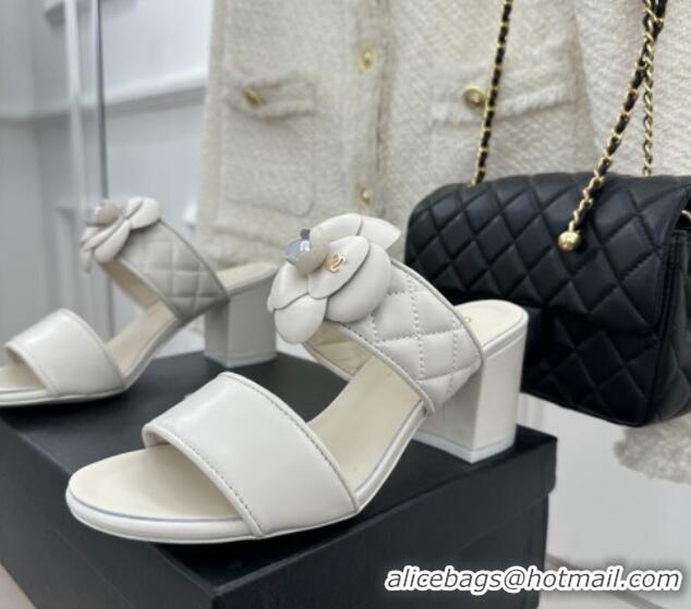 Good Looking Chanel Lambskin Heel Slide Sandals 6cm with Pearl Camellia White 525060