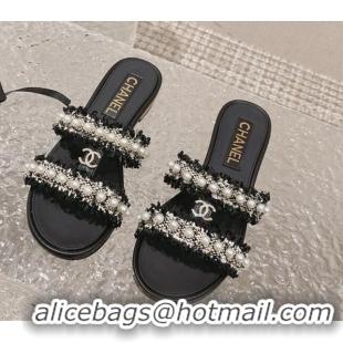 Top Design Chanel Tweed Flat Slide Sandals with Pearls Black 525061