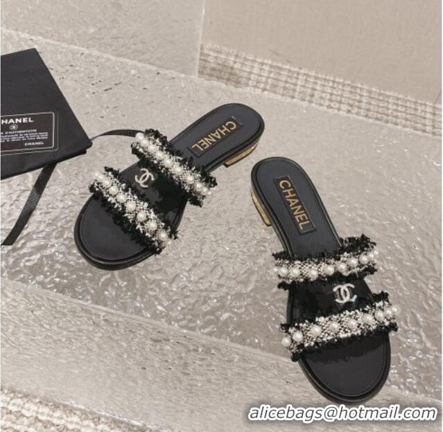 Top Design Chanel Tweed Flat Slide Sandals with Pearls Black 525061