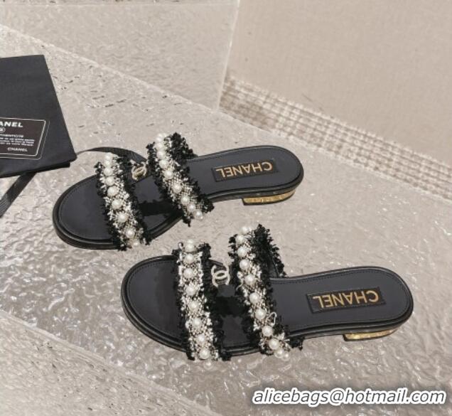 Top Design Chanel Tweed Flat Slide Sandals with Pearls Black 525061