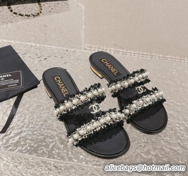 Top Design Chanel Tweed Flat Slide Sandals with Pearls Black 525061