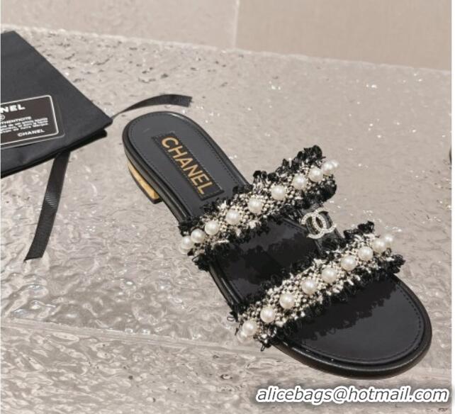 Top Design Chanel Tweed Flat Slide Sandals with Pearls Black 525061