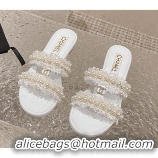 Good Quality Chanel Tweed Flat Slide Sandals with Pearls White 525062