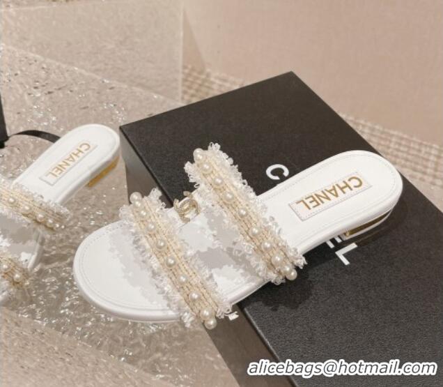 Good Quality Chanel Tweed Flat Slide Sandals with Pearls White 525062