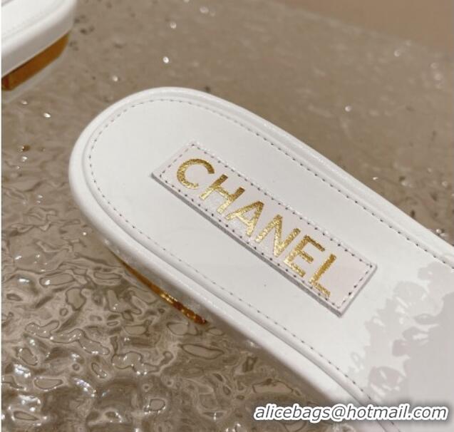 Good Quality Chanel Tweed Flat Slide Sandals with Pearls White 525062