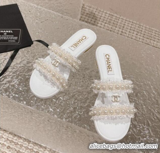 Good Quality Chanel Tweed Flat Slide Sandals with Pearls White 525062