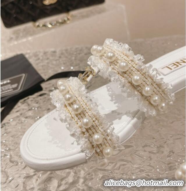 Good Quality Chanel Tweed Flat Slide Sandals with Pearls White 525062