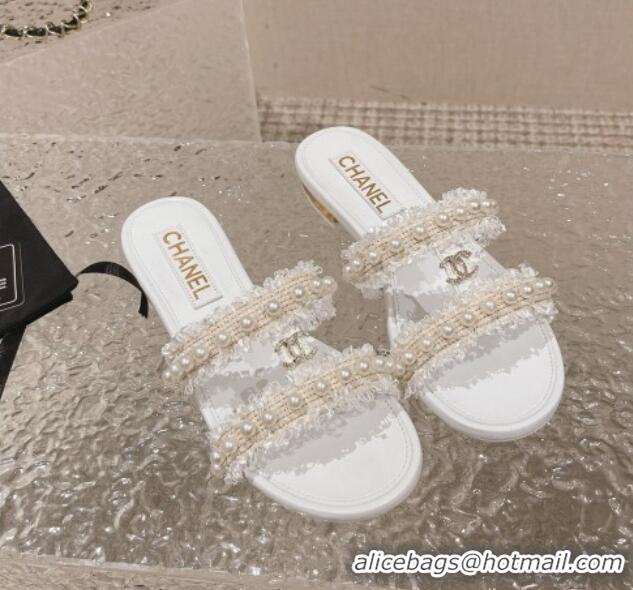 Good Quality Chanel Tweed Flat Slide Sandals with Pearls White 525062