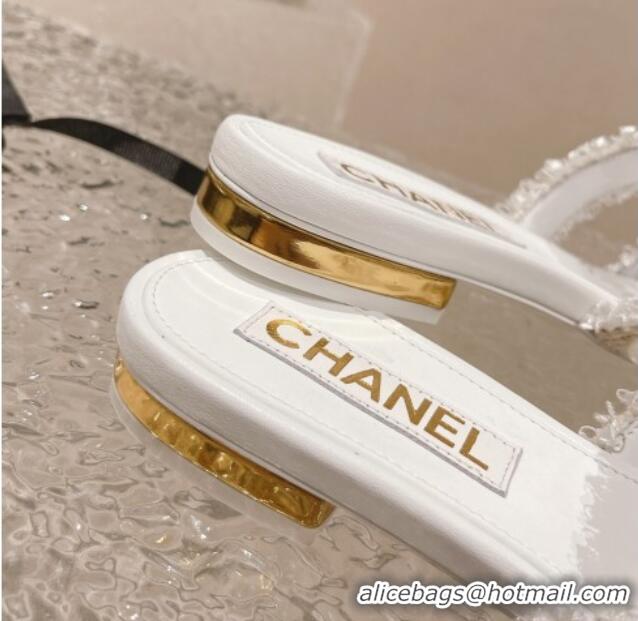 Good Quality Chanel Tweed Flat Slide Sandals with Pearls White 525062