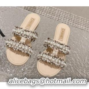 Pretty Style Chanel Tweed Flat Slide Sandals with Pearls Beige 525063