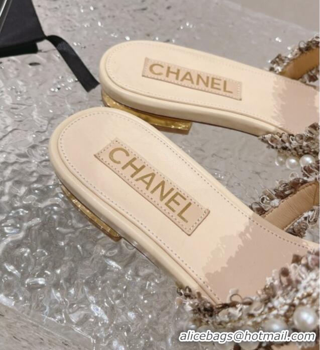 Pretty Style Chanel Tweed Flat Slide Sandals with Pearls Beige 525063