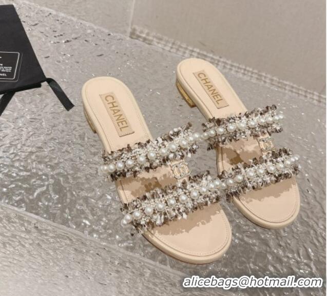 Pretty Style Chanel Tweed Flat Slide Sandals with Pearls Beige 525063