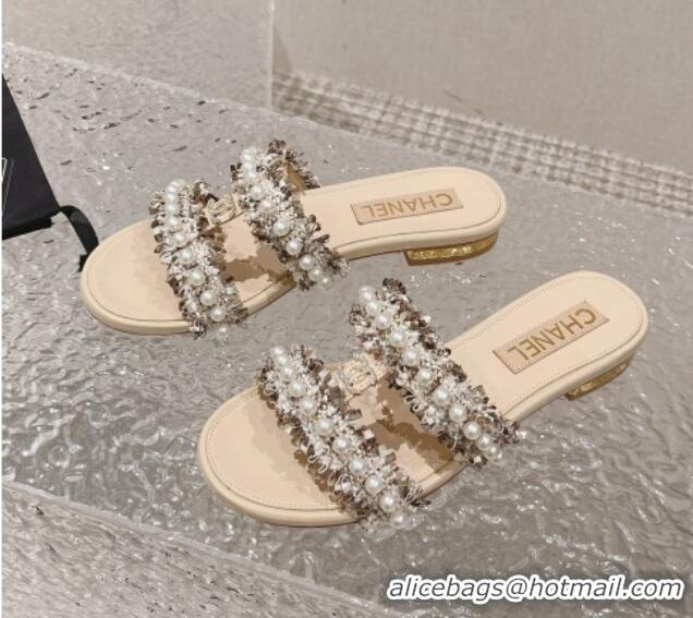 Pretty Style Chanel Tweed Flat Slide Sandals with Pearls Beige 525063