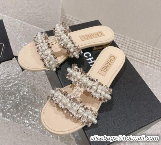 Pretty Style Chanel Tweed Flat Slide Sandals with Pearls Beige 525063