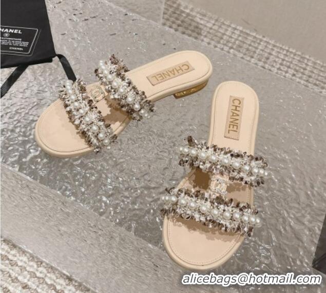 Pretty Style Chanel Tweed Flat Slide Sandals with Pearls Beige 525063