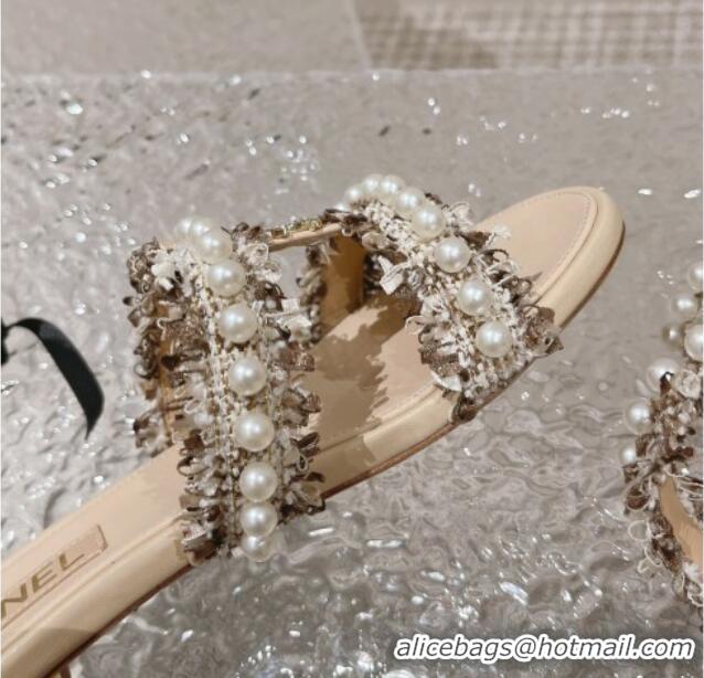 Pretty Style Chanel Tweed Flat Slide Sandals with Pearls Beige 525063