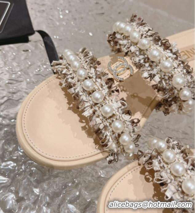 Pretty Style Chanel Tweed Flat Slide Sandals with Pearls Beige 525063