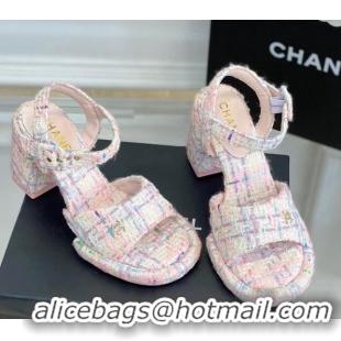 Popular Style Chanel Tweed Heel Sandals Pink 525064