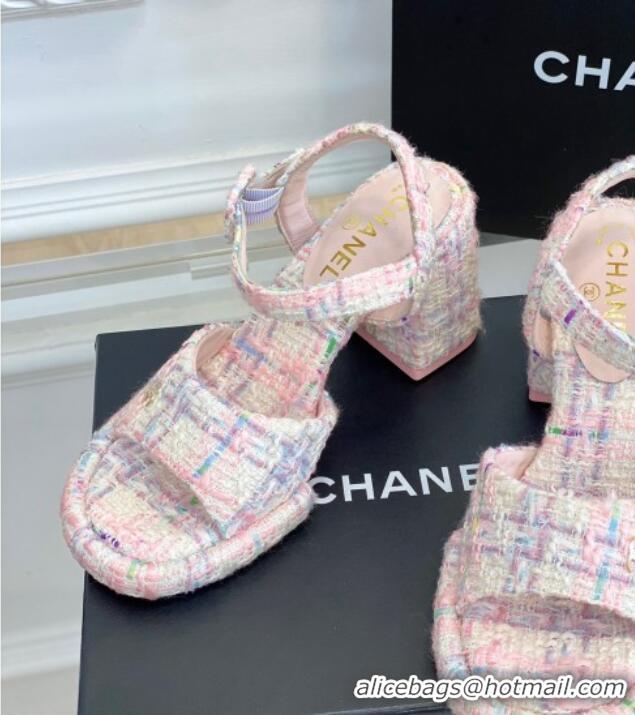 Popular Style Chanel Tweed Heel Sandals Pink 525064