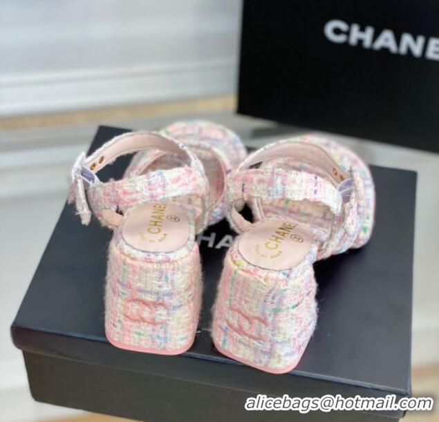 Popular Style Chanel Tweed Heel Sandals Pink 525064