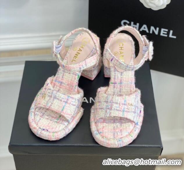 Popular Style Chanel Tweed Heel Sandals Pink 525064