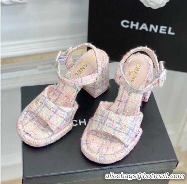 Popular Style Chanel Tweed Heel Sandals Pink 525064