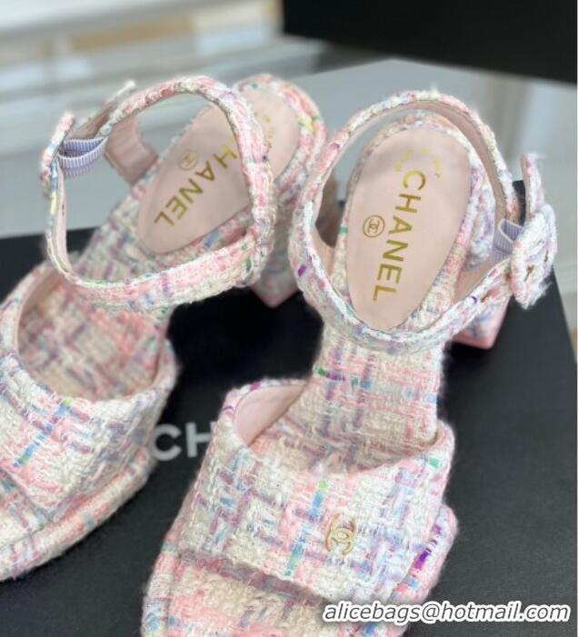 Popular Style Chanel Tweed Heel Sandals Pink 525064