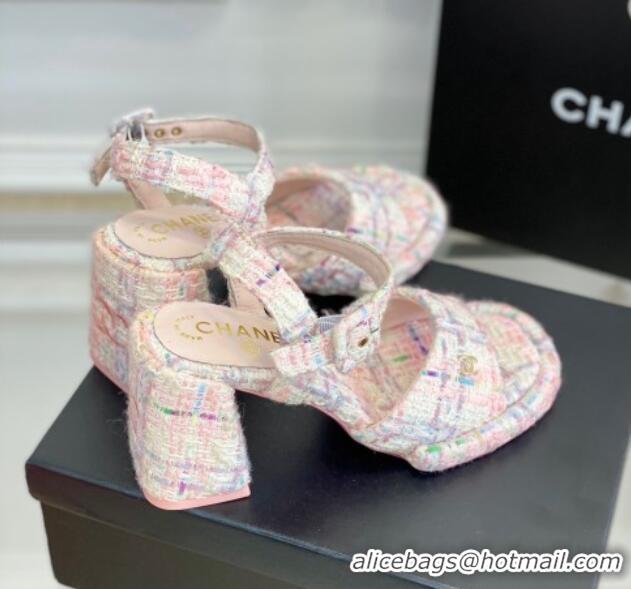 Popular Style Chanel Tweed Heel Sandals Pink 525064