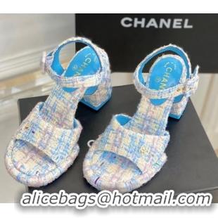 Shop Cheap Chanel Tweed Heel Sandals Blue 525065